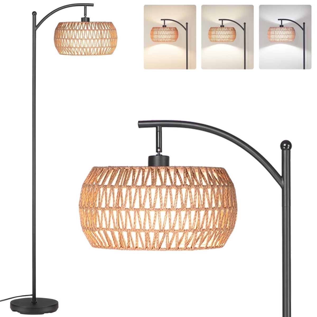 63'' Dimmable Arc Rattan Floor Lamp, Black Standing Lamp with Rattan & Fabric Double Drum Shade, Boho Farmhouse Tall Lamp for Living Room, Lamps for Bedroom
