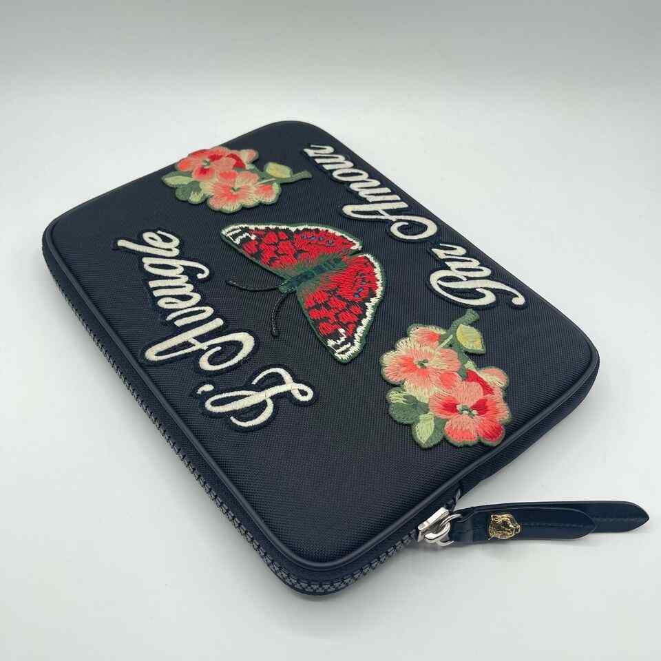 Gucci Women's Black Techno Canvas Embroidered Butterfly iPad Case Clutch