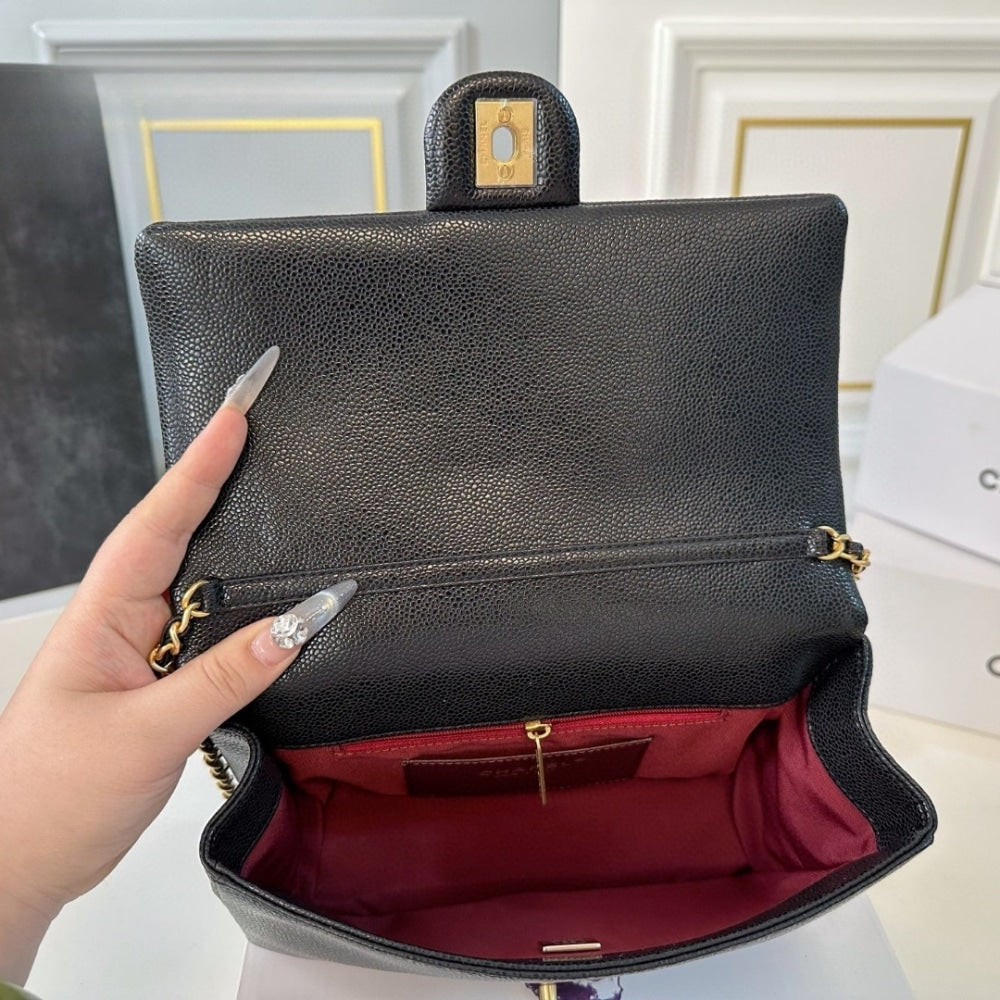 CC MINI FLAP BAG GRAINED SHINY CALFSKIN AND GOLD TONE METAL BLACK 23CM AS5218 B18321 94305