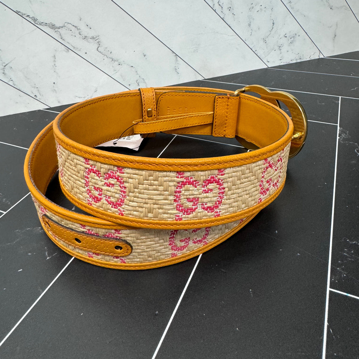 BRAND NEW- Gucci Women’s Raffia Textured Dollar Calfskin GG Belt Size 34