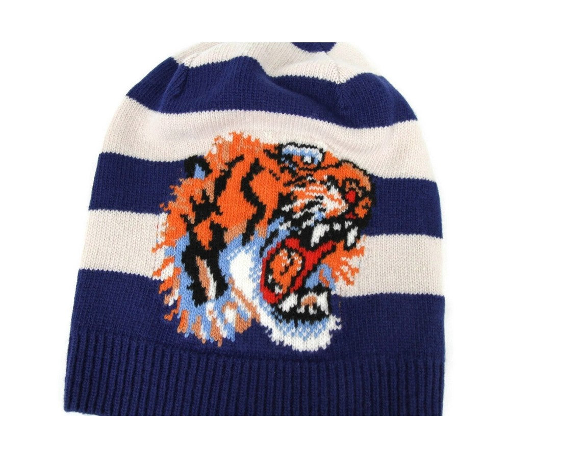 Gucci Men's Blue / White Striped Wool Knit Beanie Hat With Tiger Head M / 58