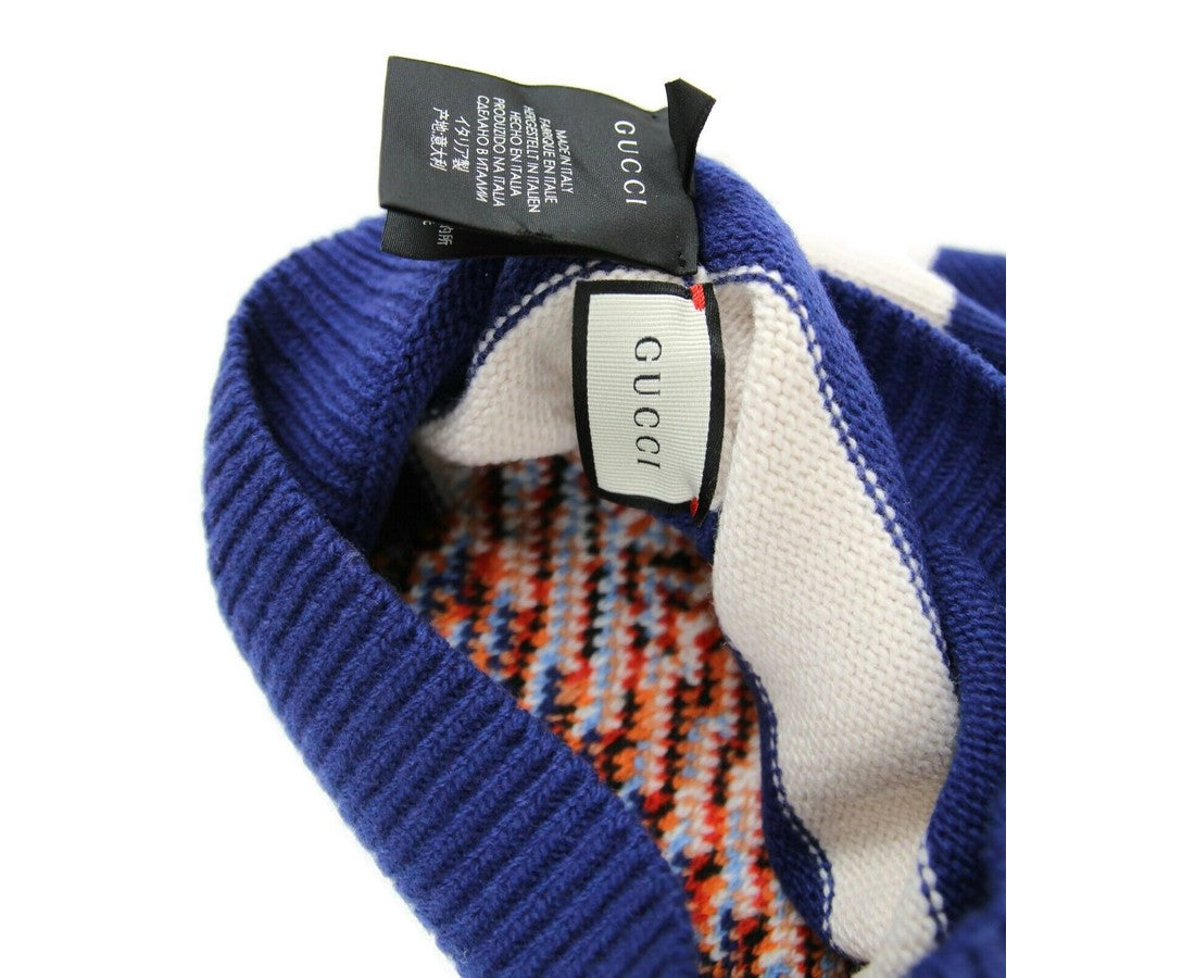 Gucci Men's Blue / White Striped Wool Knit Beanie Hat With Tiger Head M / 58