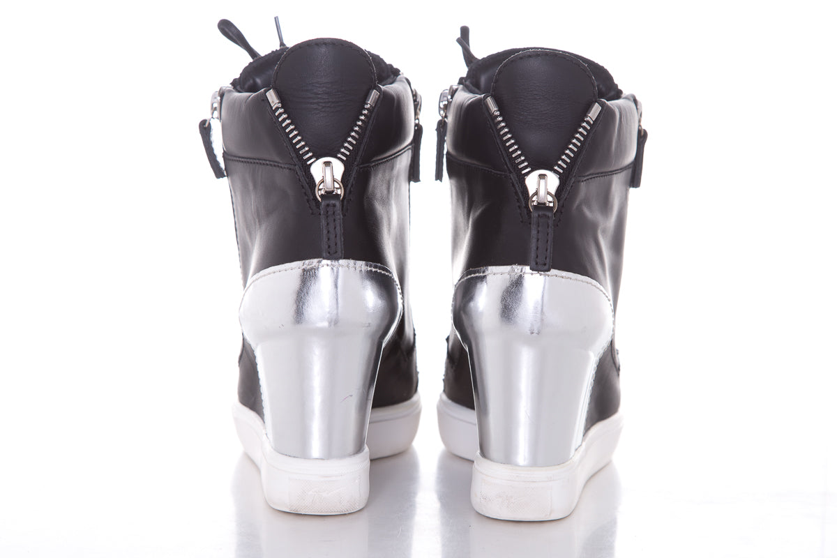 Guiseppe Zanotti Black & Silver Leather Sneaker Wedge SZ 38.5