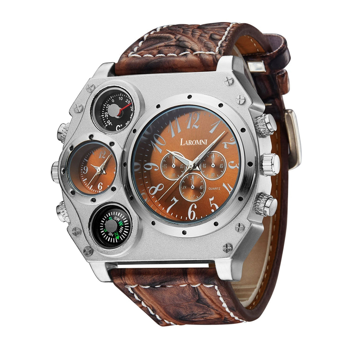 Men’s Quartz Watch Two Time Zone Big Face Military Style Compass Thermometer Decorative Dial PU Leather Strap