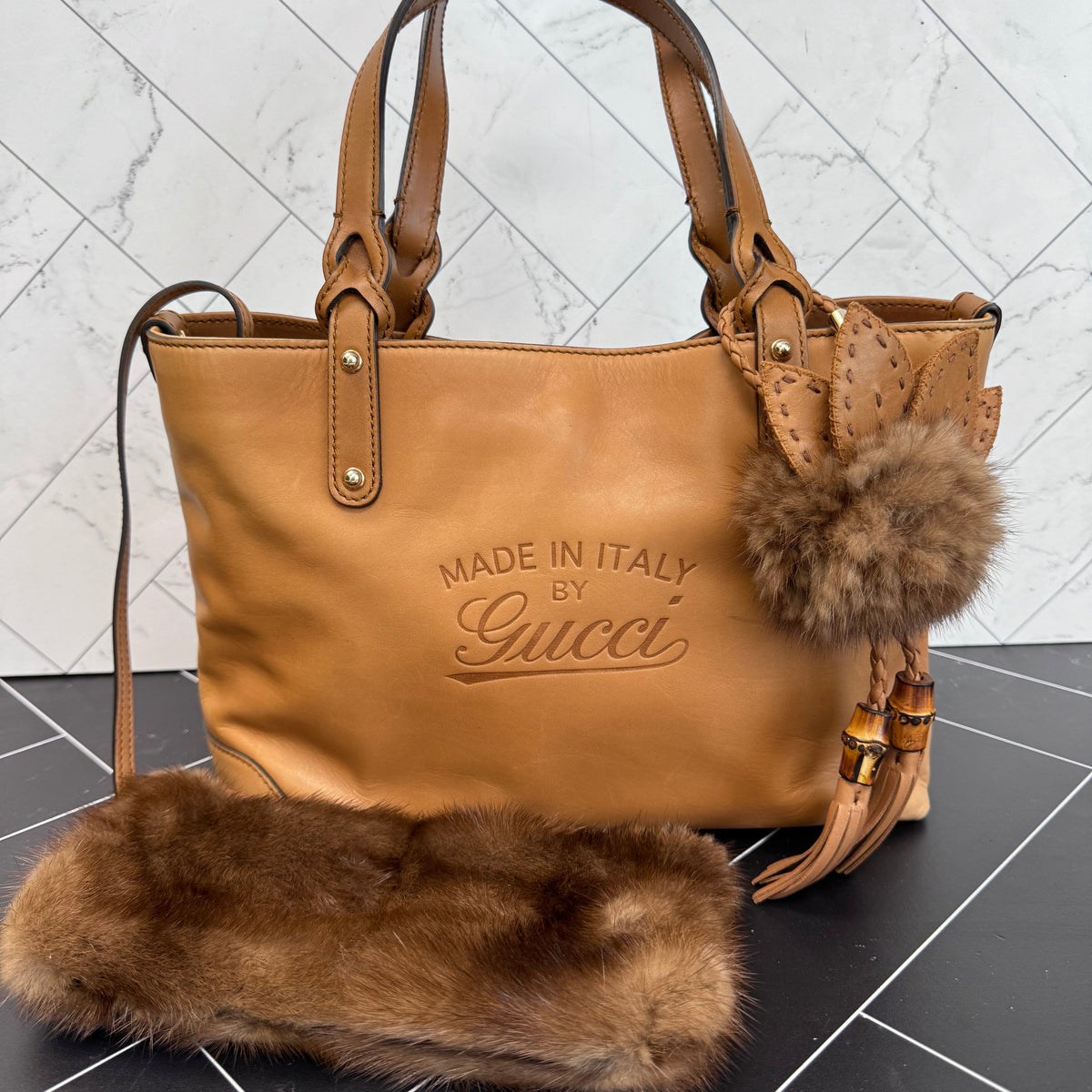 Gucci Tan Leather Craft Bag with Fur Pouch