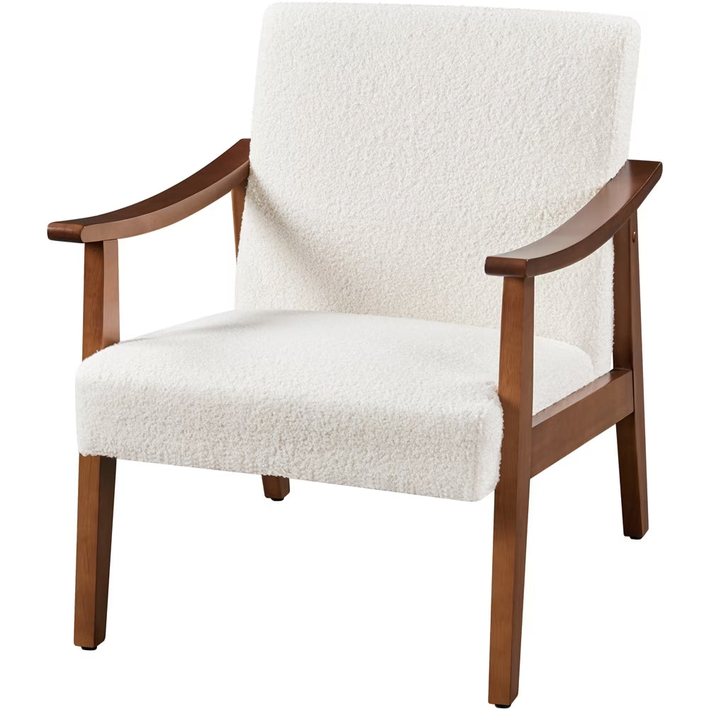 Mid-Century Modern Accent Chair with Wooden Frame, Ivory Boucle Fabric