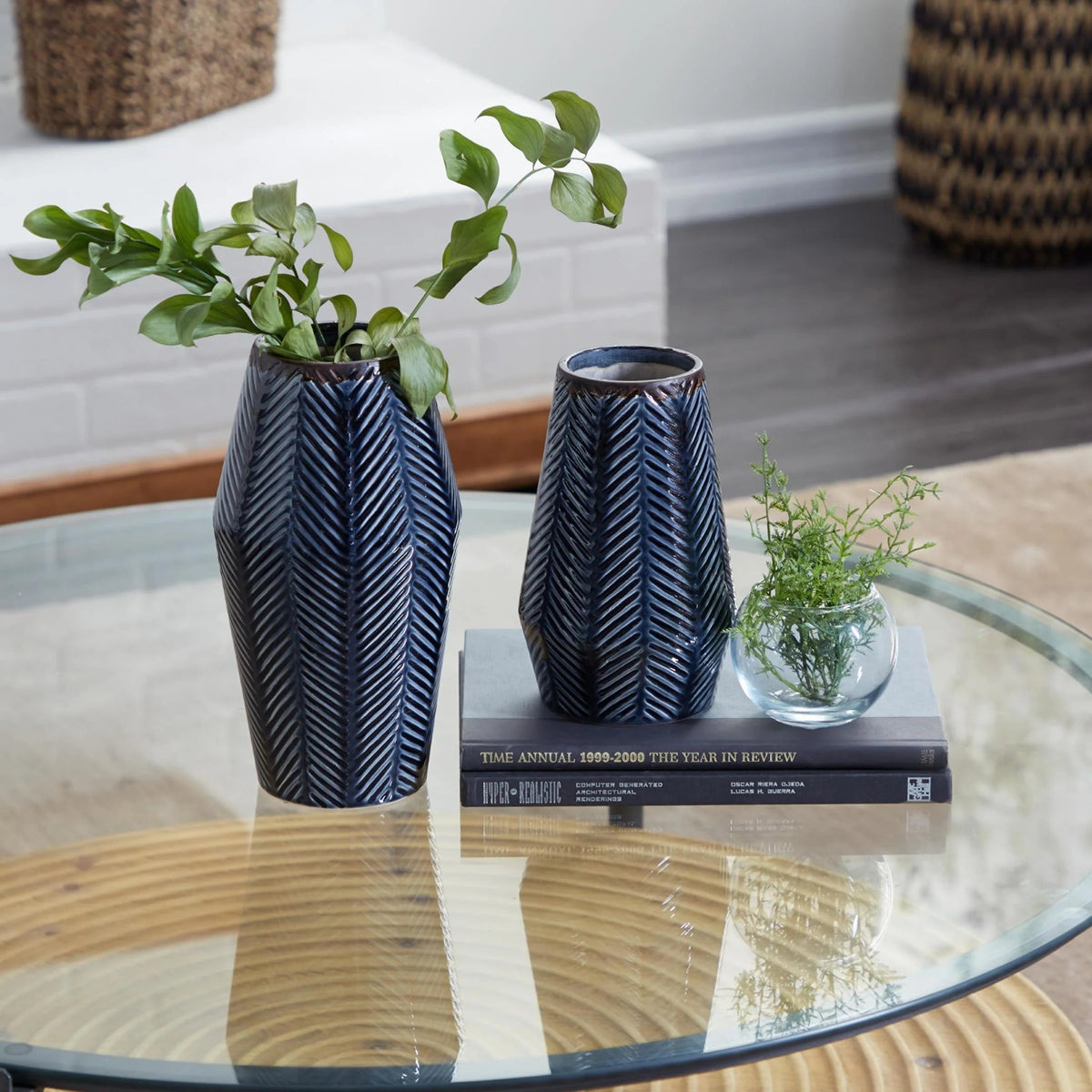 11", 8"H Handmade Chevron Dark Blue Ceramic Vase, Set of 2