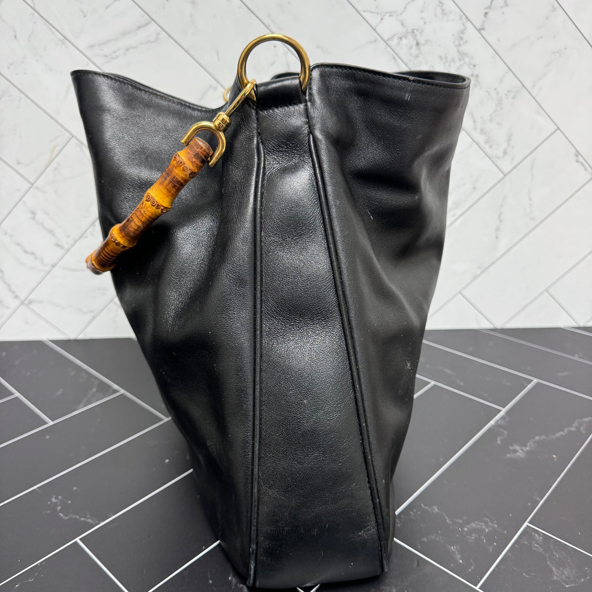 Gucci Black Leather Bamboo 2Way Bag