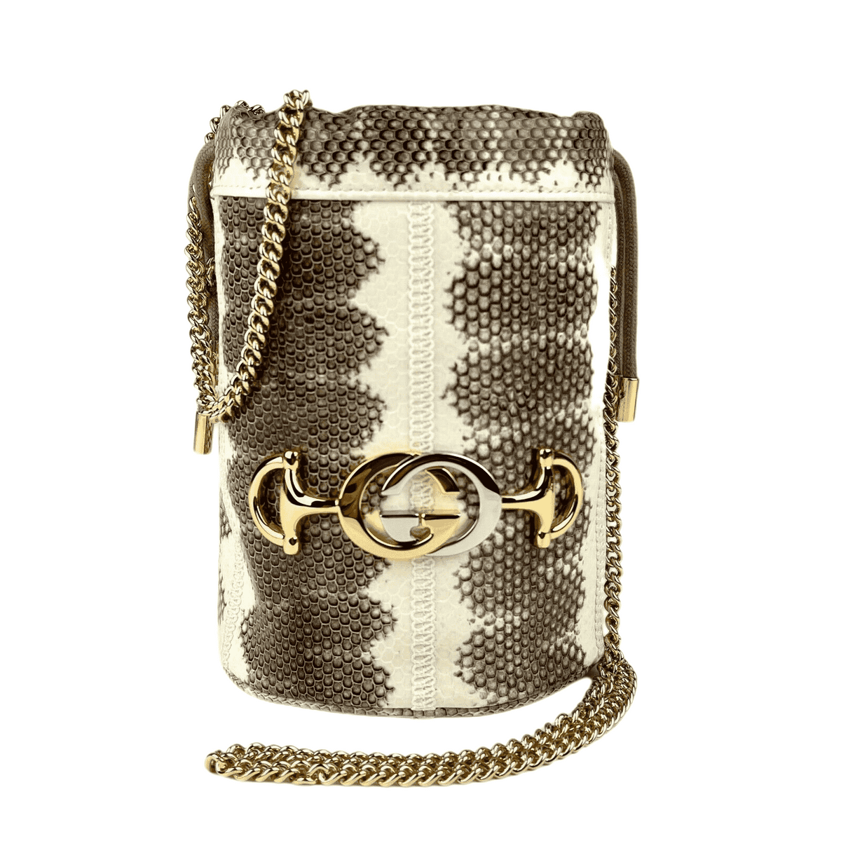 Gucci Women's Zumi White/Gray Snakeskin Mini Drawstring Bucket Chain Bag 576432 9599