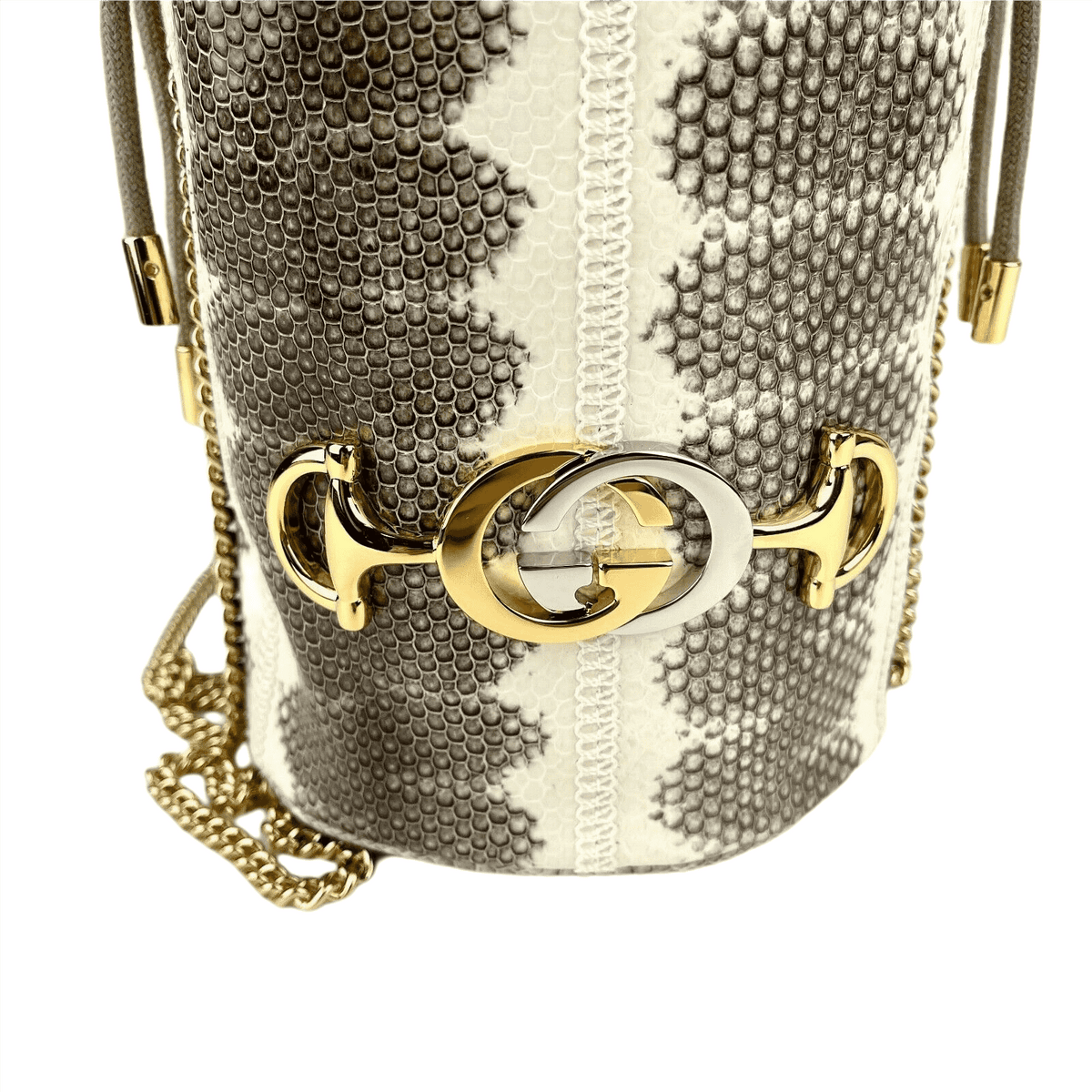 Gucci Women's Zumi White/Gray Snakeskin Mini Drawstring Bucket Chain Bag 576432 9599