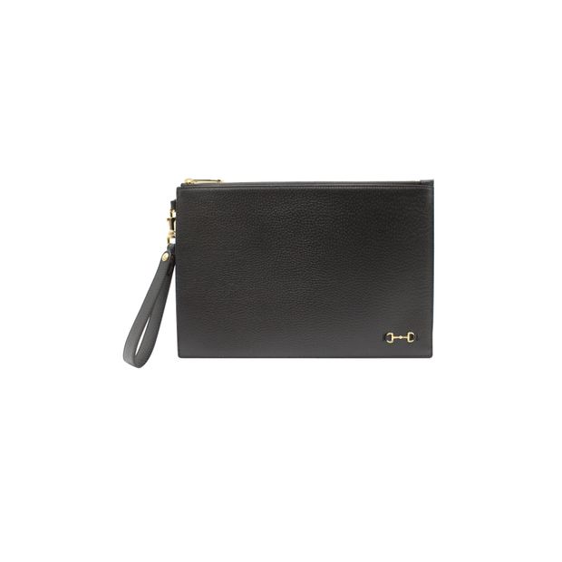 GUCCI Horsebit Top Zip Wrist Pouch in Black Leather