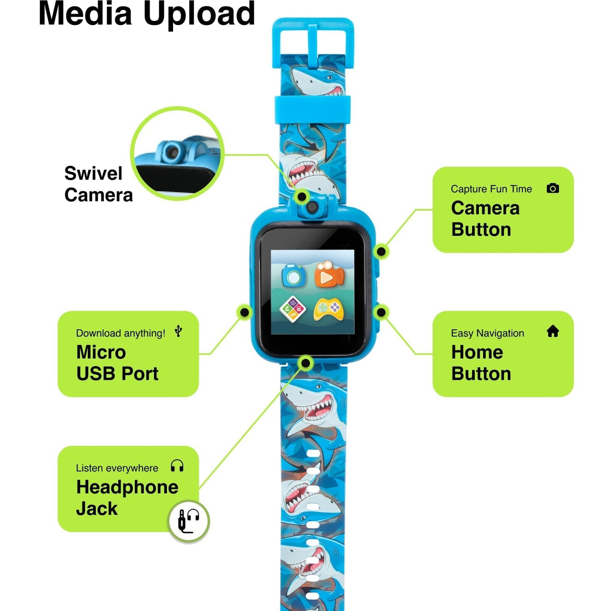 PlayZoom 2 Kids Smartwatch with Headphones: Blue Multi Shark