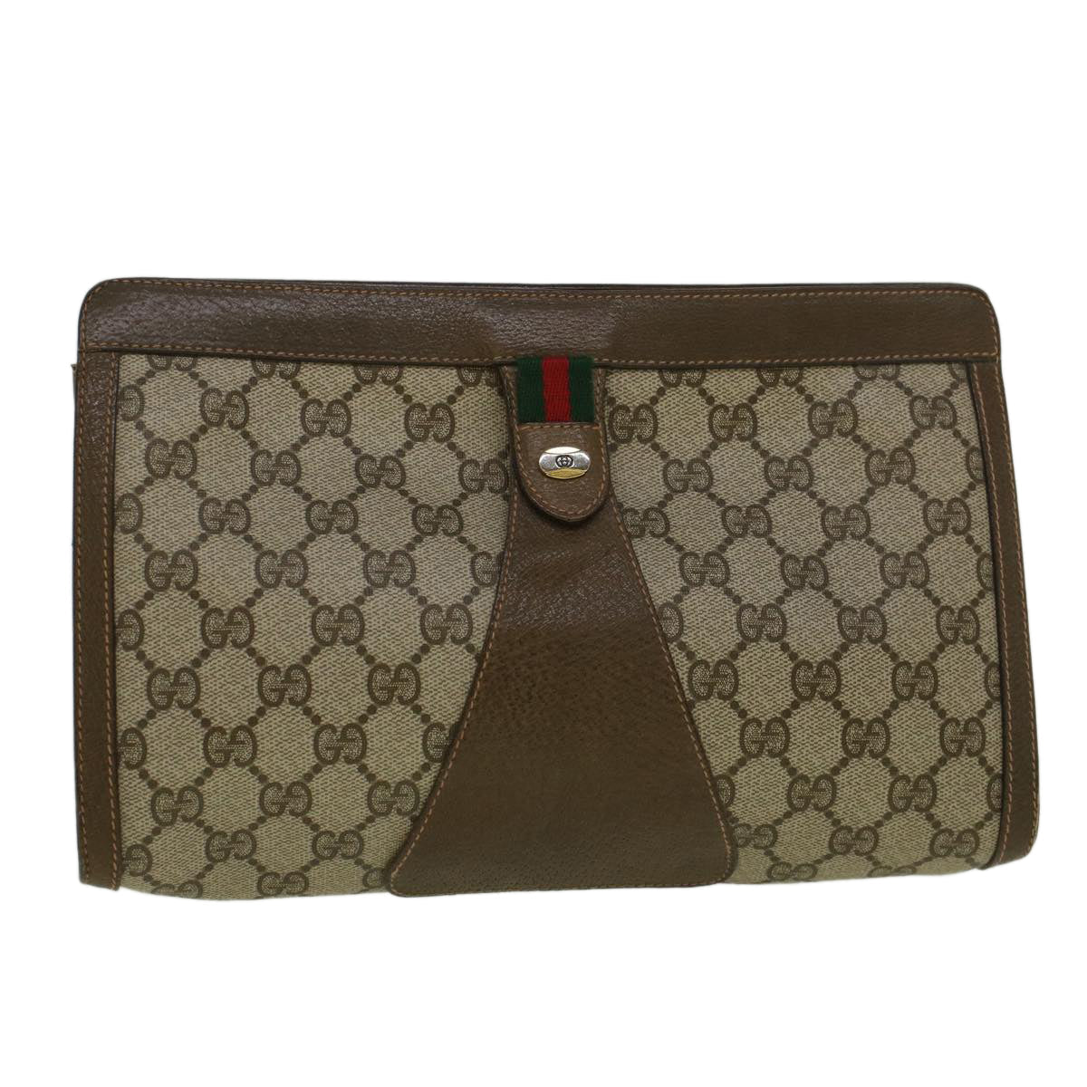 GUCCI Gg Canvas Web Sherry Line Clutch Bag Pvc Leather Beige Green Auth 59249