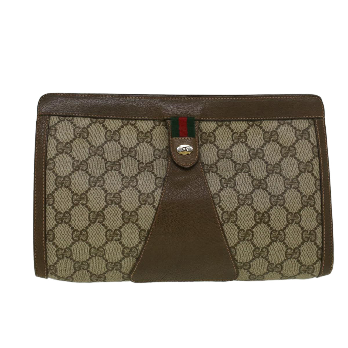 GUCCI Gg Canvas Web Sherry Line Clutch Bag Pvc Leather Beige Green Auth 59249
