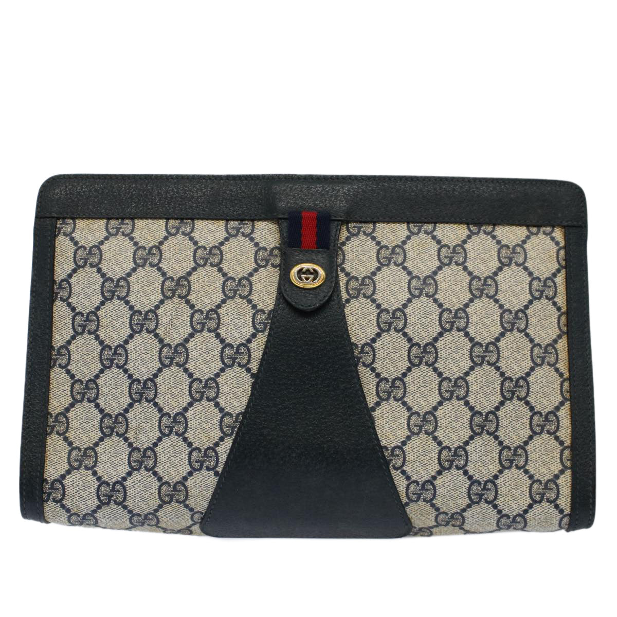 GUCCI GG Supreme Sherry Line Clutch Bag Red Navy Gray 156 01 033 Auth 59620