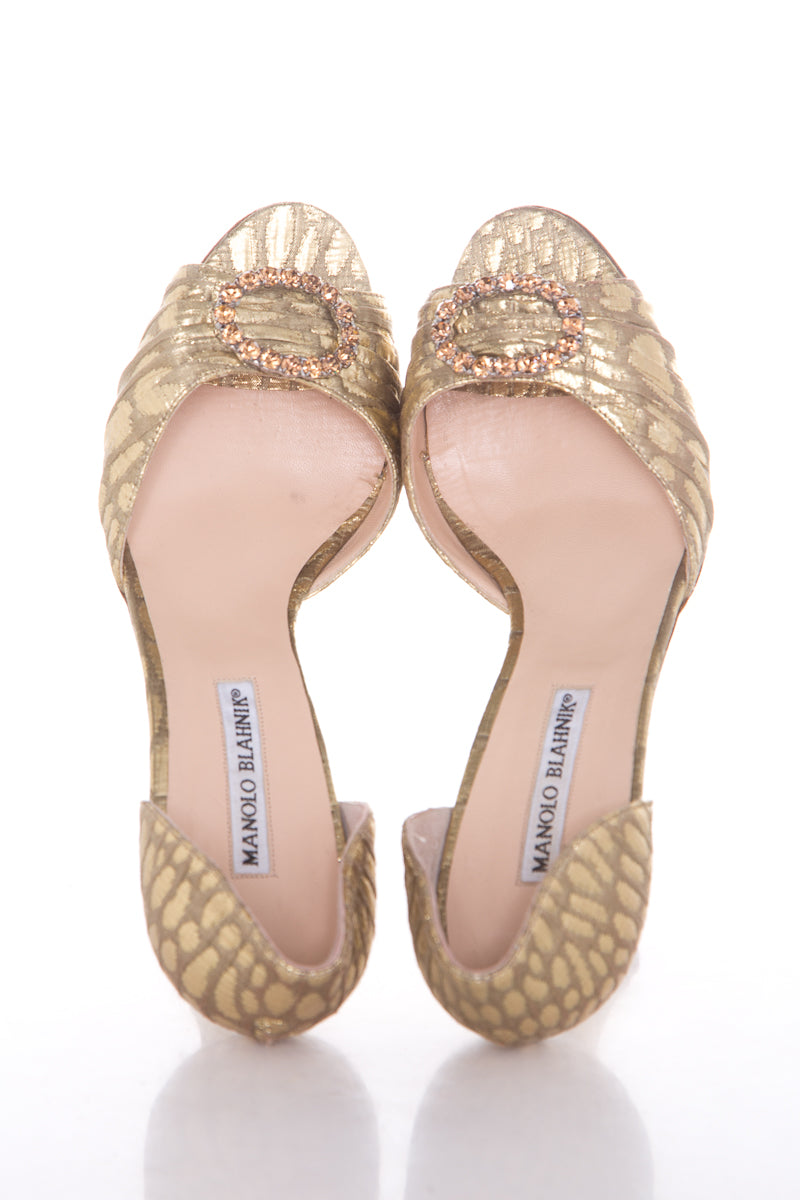 Manolo Blahnik Gold Embellished Peep Toe Heels SZ 39.5