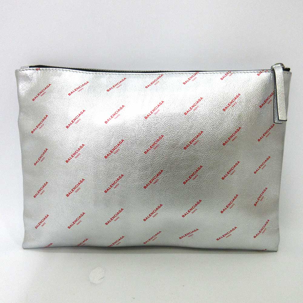 balenciaga Leather Logo Large Clutch Silver