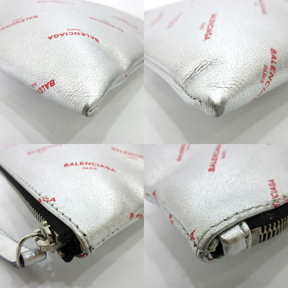 balenciaga Leather Logo Large Clutch Silver