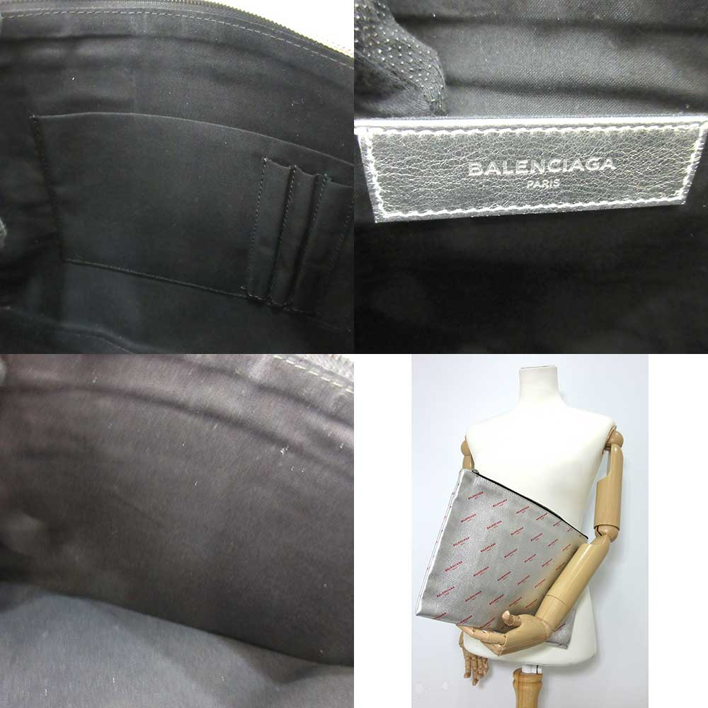 balenciaga Leather Logo Large Clutch Silver