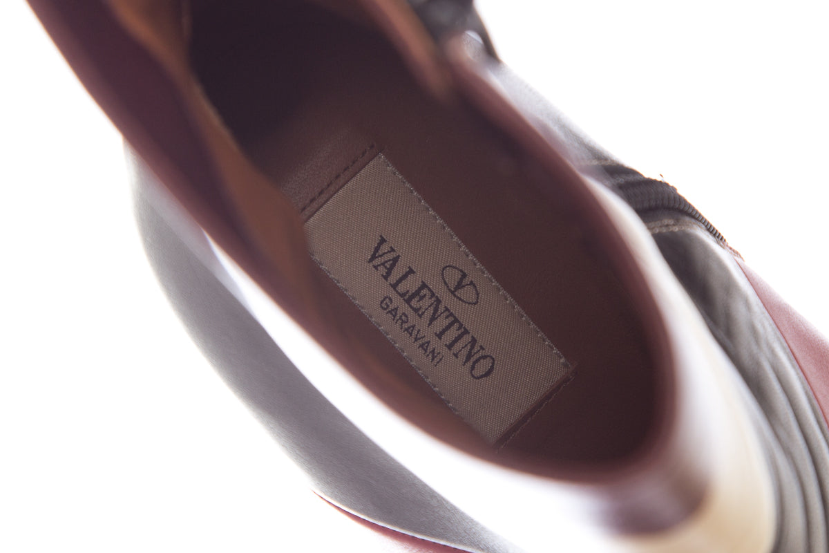Valentino Maroon,Black,Peanut Lather Color Block Boots SZ 38