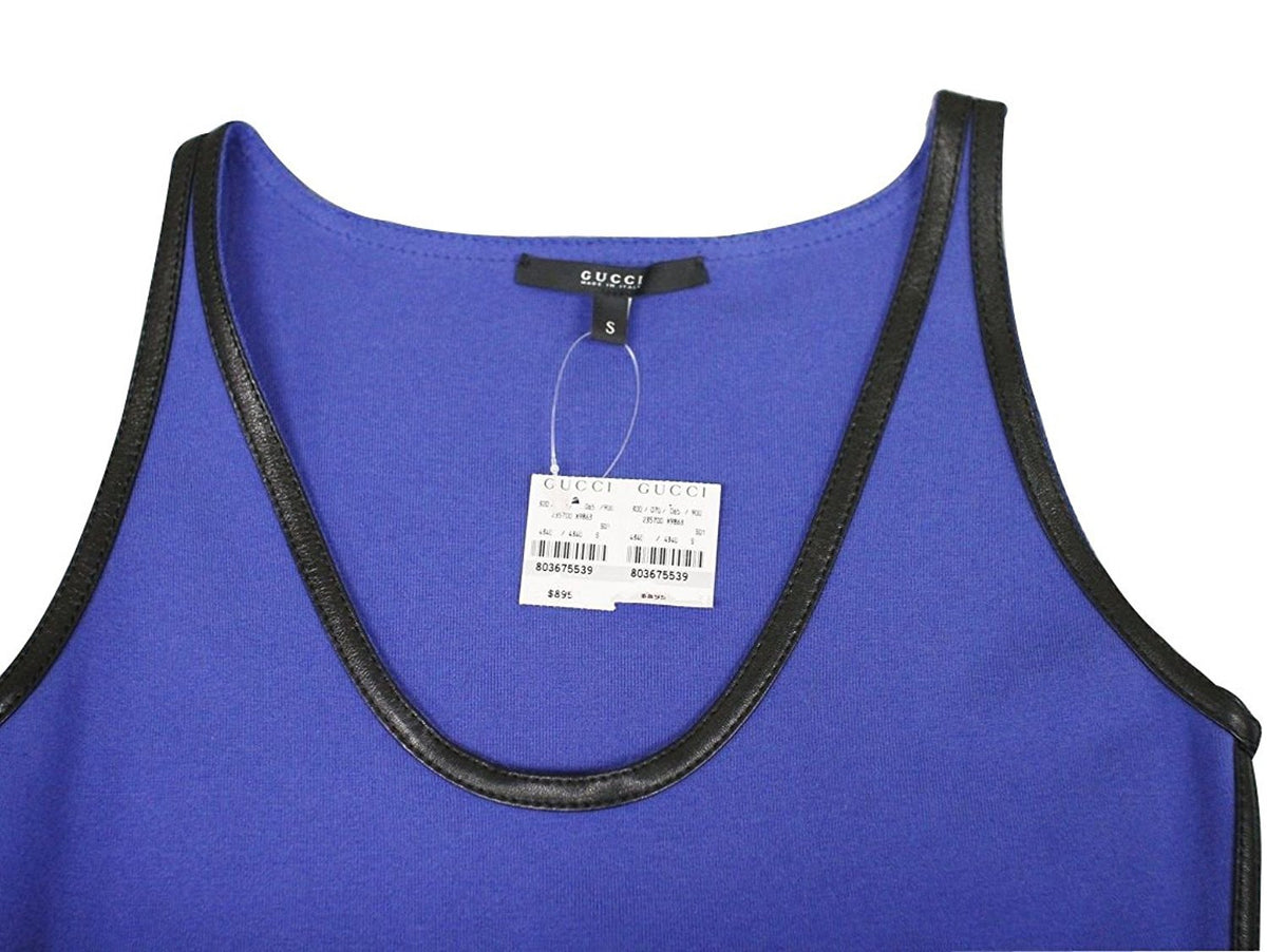 Gucci Women's Blue Cashmere Blend Small Cotton Knit Leather Trim Tank Top