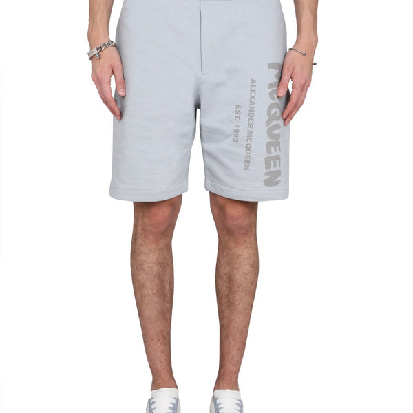 Alexander Mcqueen Men Bermuda Shorts With Graffiti Logo Print