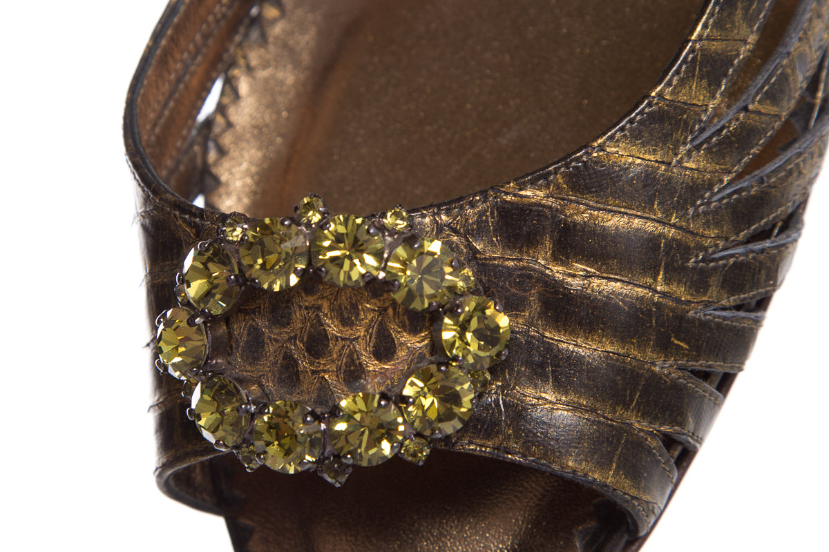 Manolo Blahnik Olive Embossed Exotic Leather Mules SZ 39
