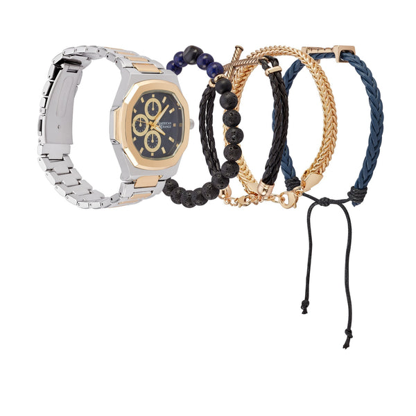 American Exchange Men's Analog Watch And 4 Piece Bracelet Set, Navy/Two Tone