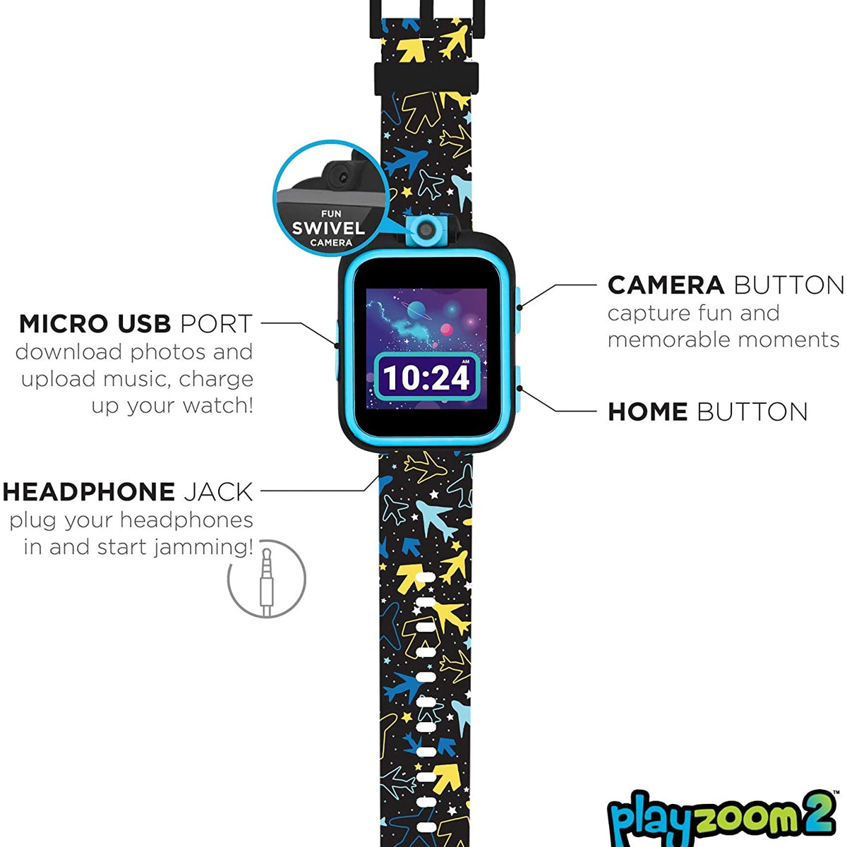PlayZoom 2 Kids Smartwatch & Earbuds Set: Airplane & Star Print