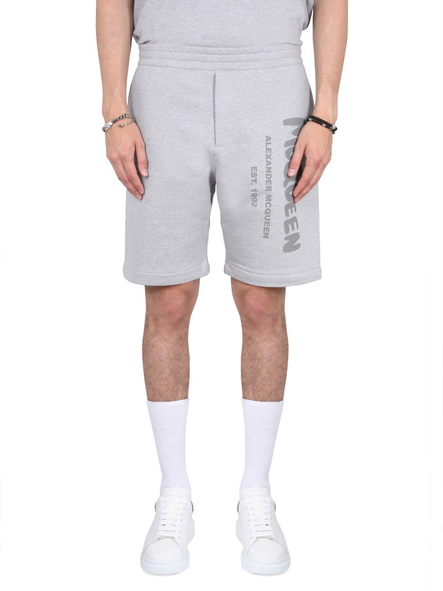 Alexander Mcqueen Men Bermuda Shorts With Graffiti Logo Print