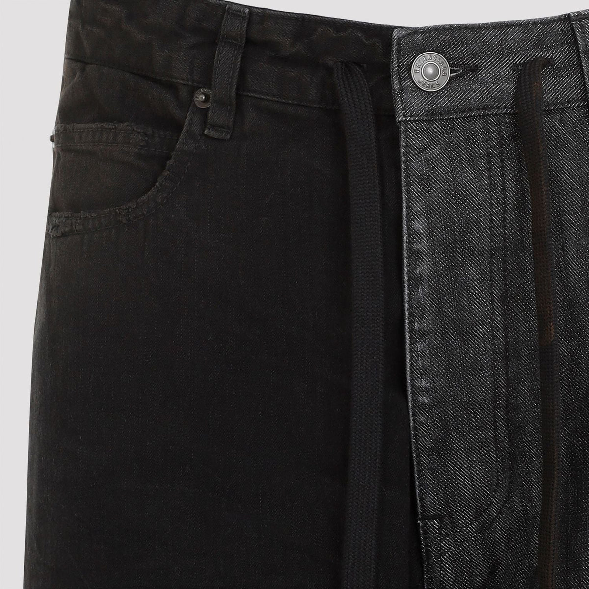 BALENCIAGA Asymmetrical Leg Length Jeans - Mid-Rise Drawstring Waist
