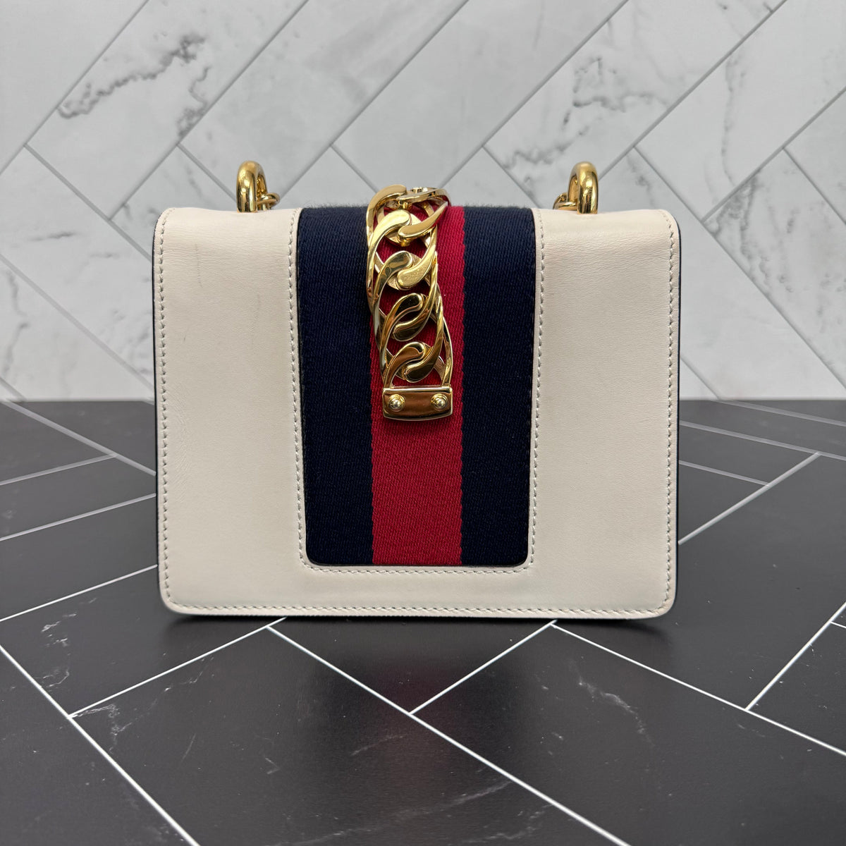 LIKE NEW Gucci White Sylvie Leather Chain Crossbody Bag
