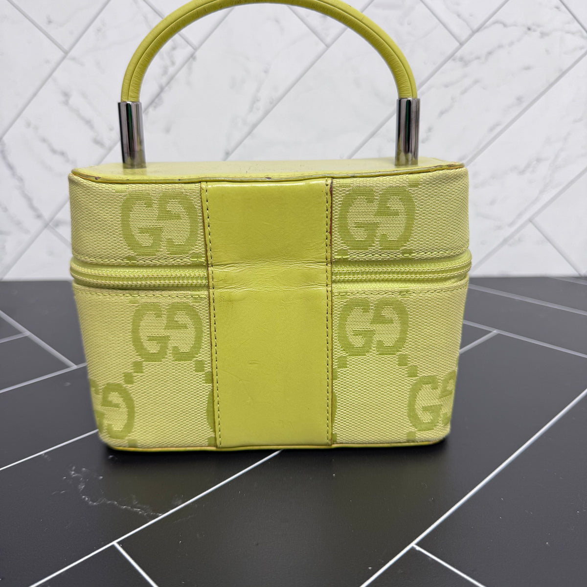 Gucci Green Canvas Top Handle Vanity Bag
