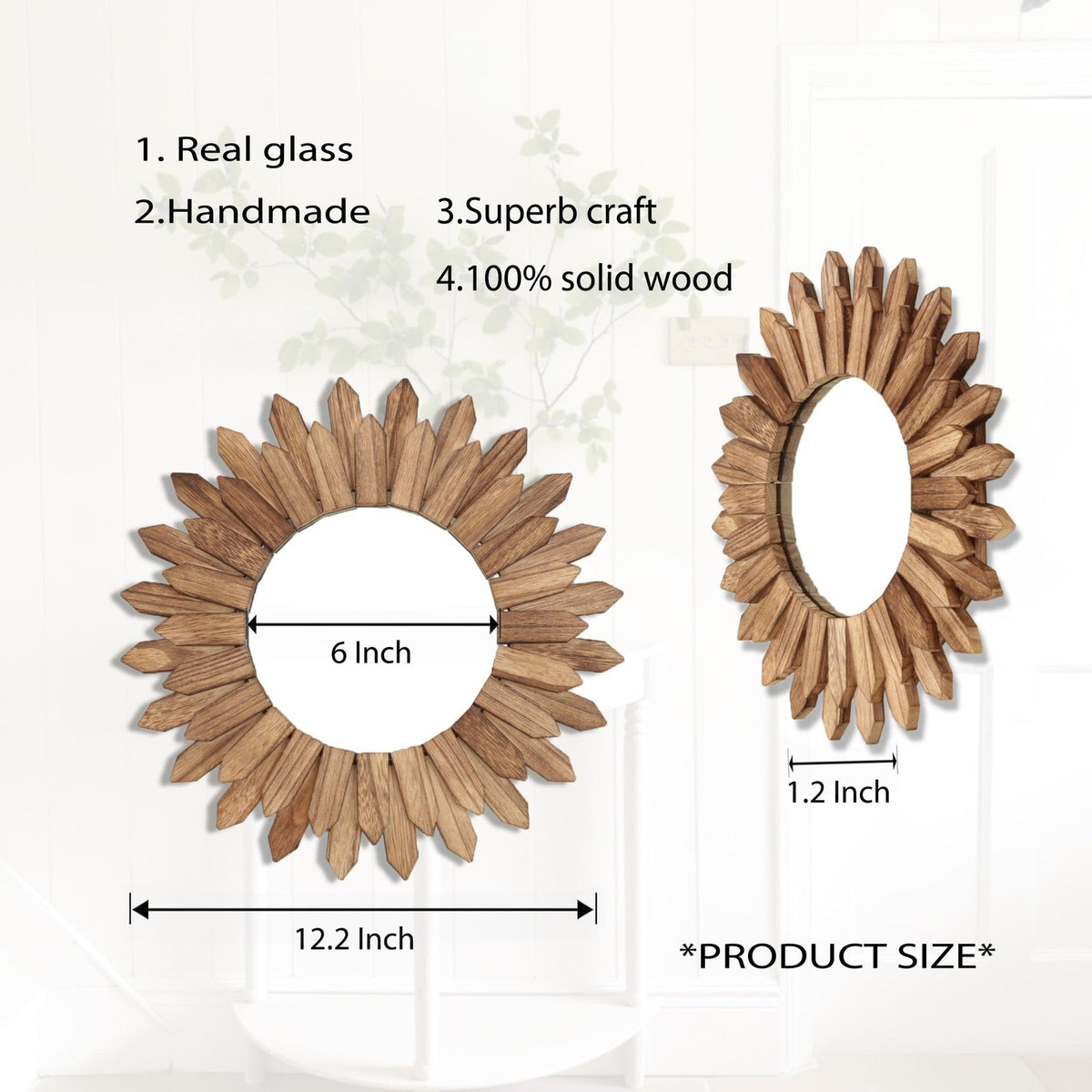 Wall Decor 12 Inch Rustic round Wood Mirror Decorative Boho Sunburst Home