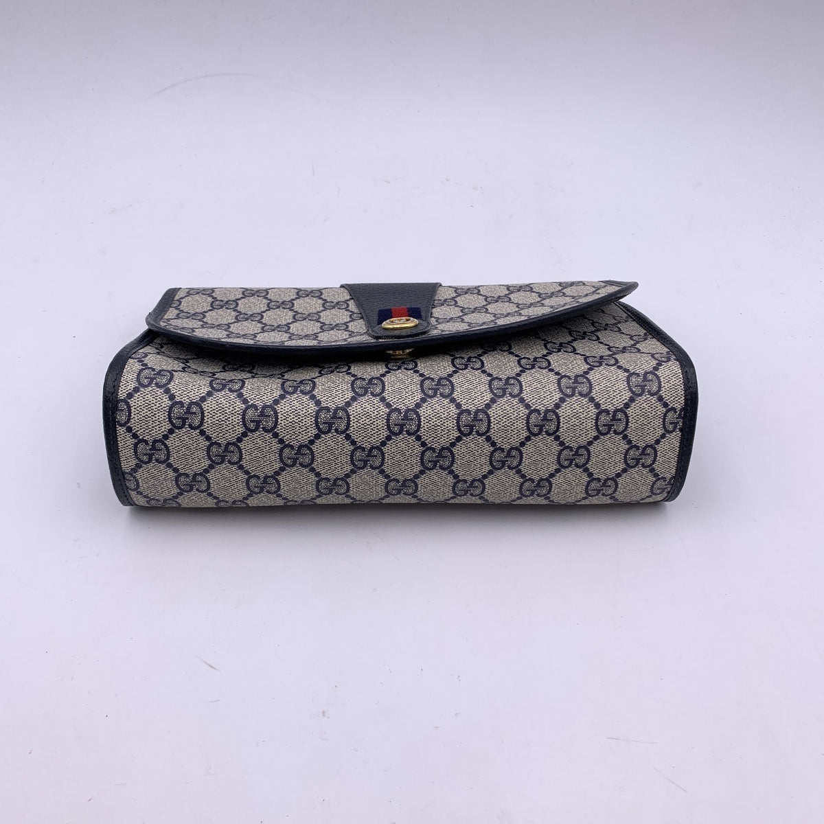 GUCCI Vintage Blue Monogram Canvas Web Cosmetic Flap Bag Clutch