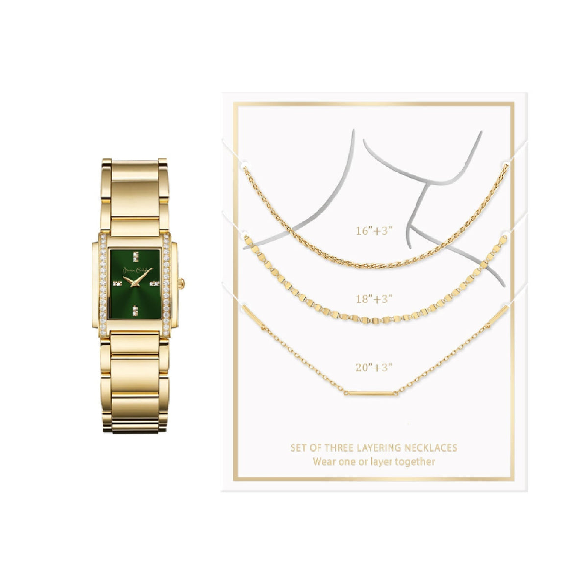 Jessica Carlyle Ladies Metal Tank Gold Watch & Necklace Set