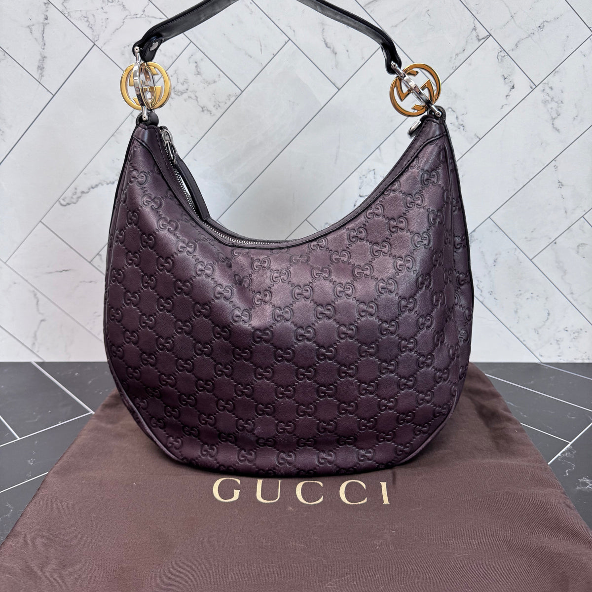 Gucci Maroon GG Leather Shoulder Hobo Bag
