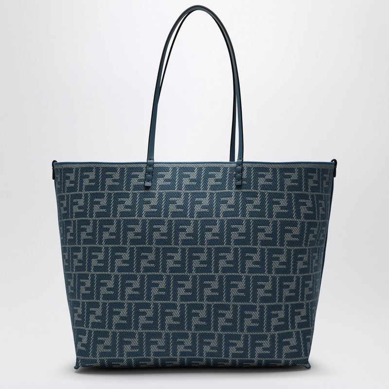 Fendi Reversible Roll Large Shopper In Blue Striped Fabric Women