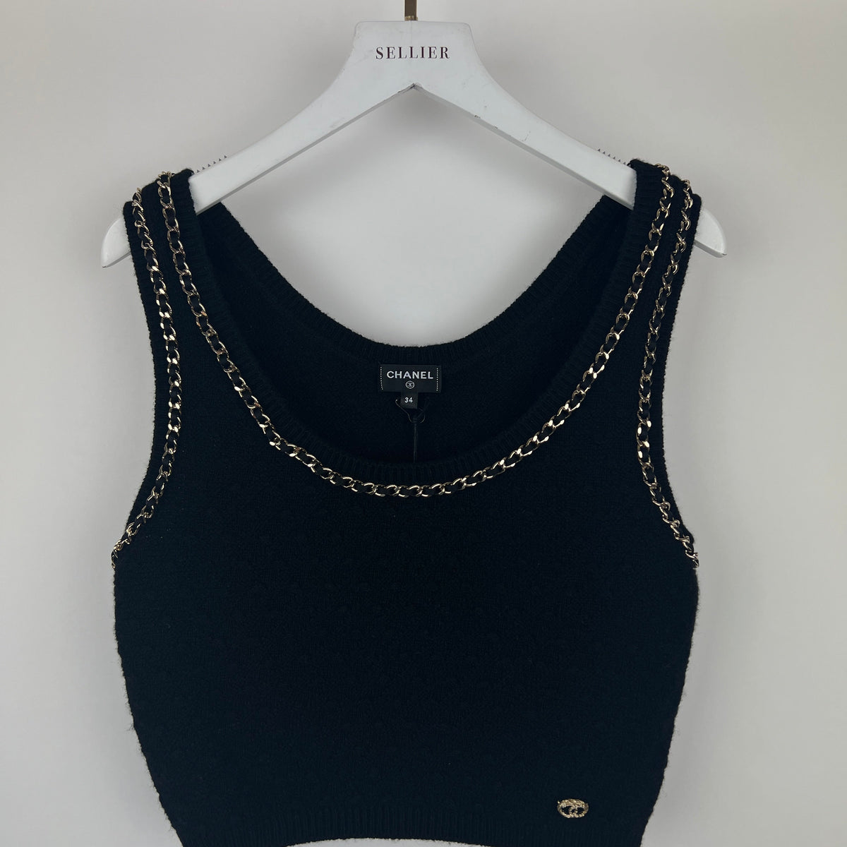 Chanel 23B Black Cashmere Knit Tank Top with Gold Chain and Logo Detail Size FR 34 (UK 6) RRP ¬£2150