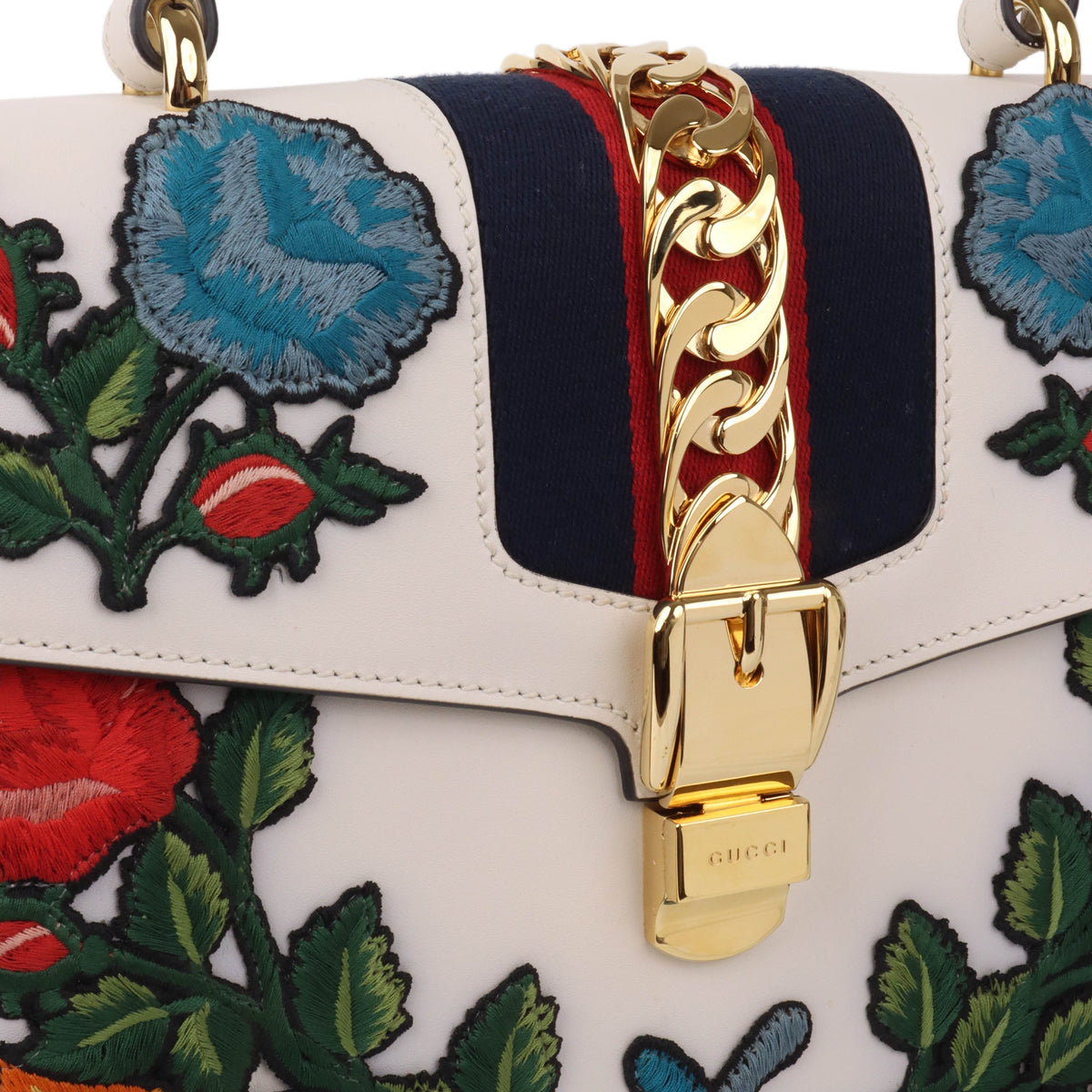 Gucci White Smooth Calfskin Leather Floral Embroidered Medium Sylvie Top Handle Bag