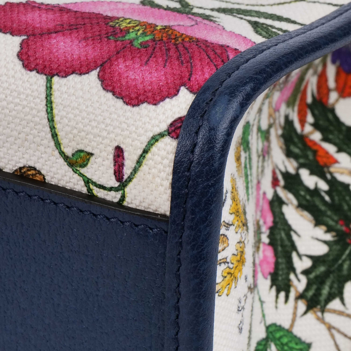 Gucci Floral Canvas Tote with Blue Leather Trim.