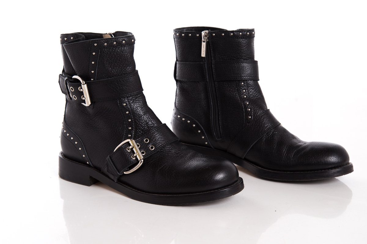 Jimmy Choo Black Leather & Silver Studded Boots SZ 37