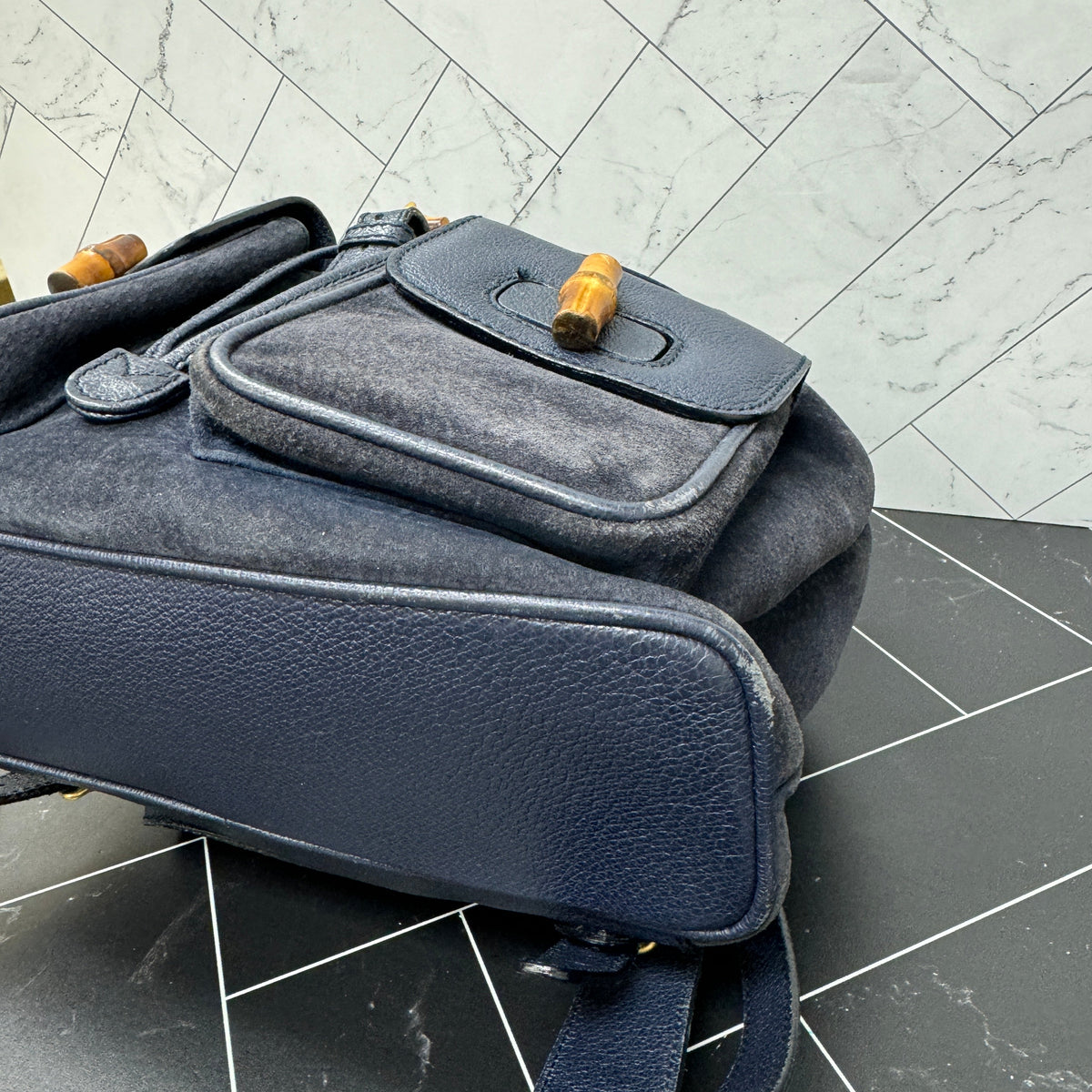 Gucci Navy Blue Suede Bamboo Small Backpack