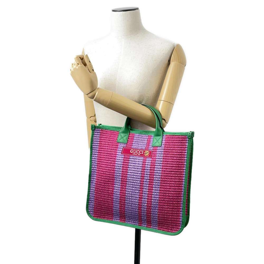GUCCI Cherie Kids Tote Bag Green/Purple 605831 CanvasTrim Raffia-like fabric