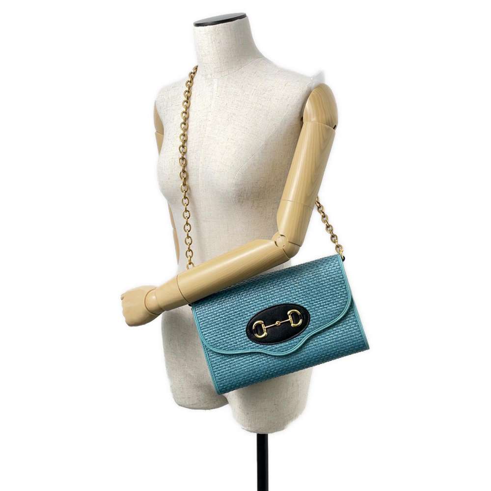 GUCCI Horsebit ChainShoulder Bag Blue 655667 Straw