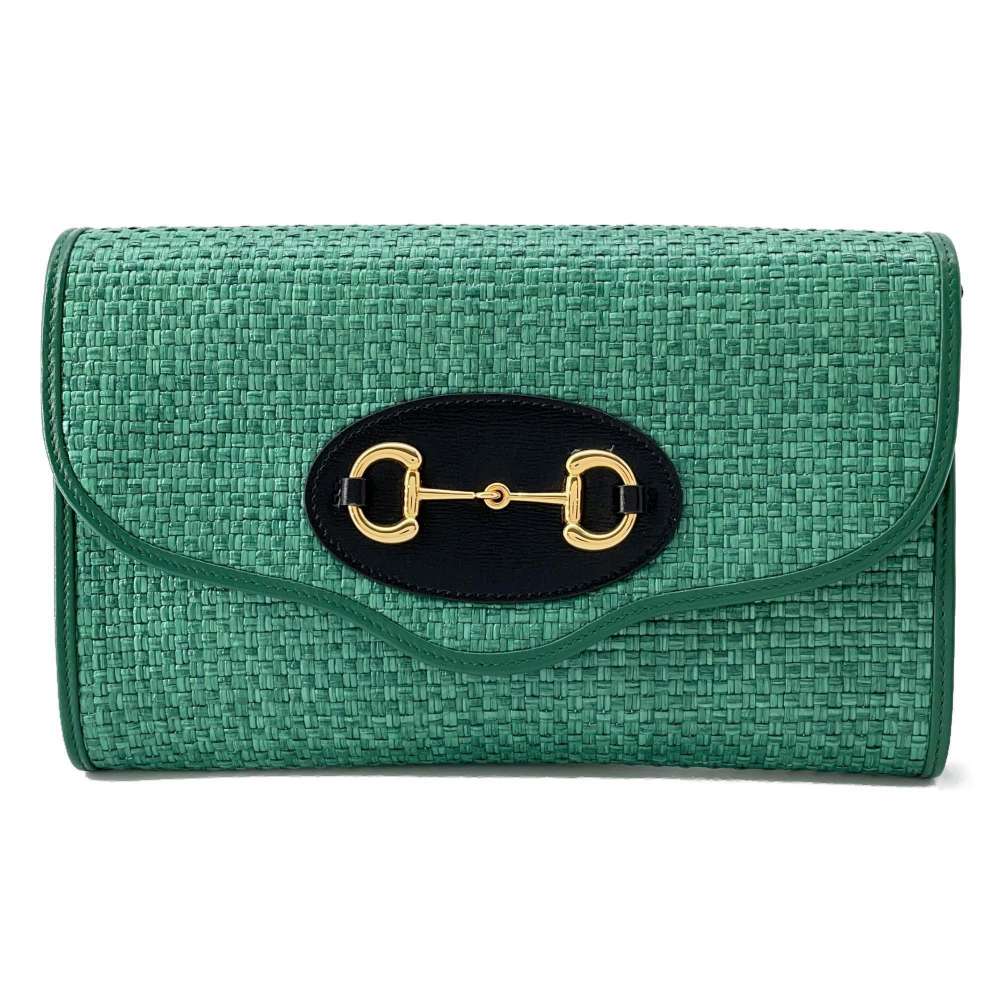 GUCCI Horsebit Chain Shoulder Bag Green 655667 Straw