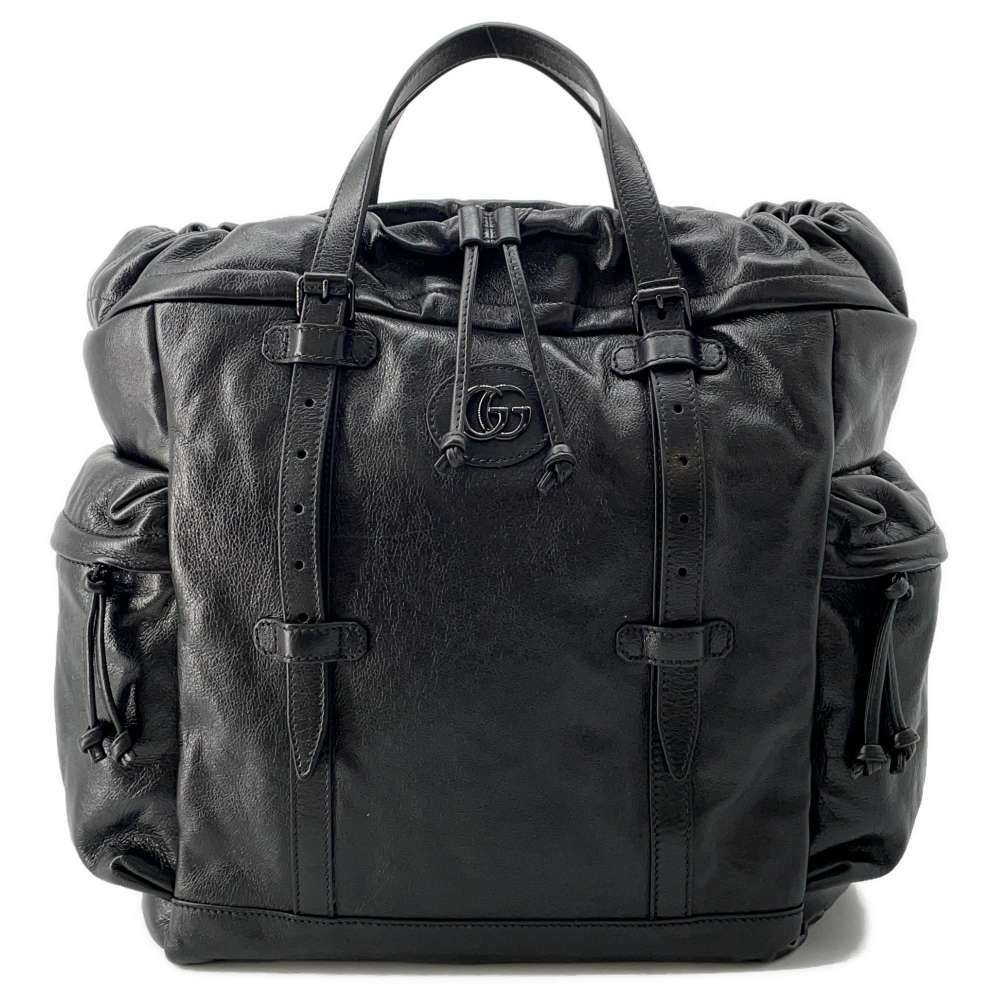 GUCCI Drawstring Tote Bag Black 725664 Leather