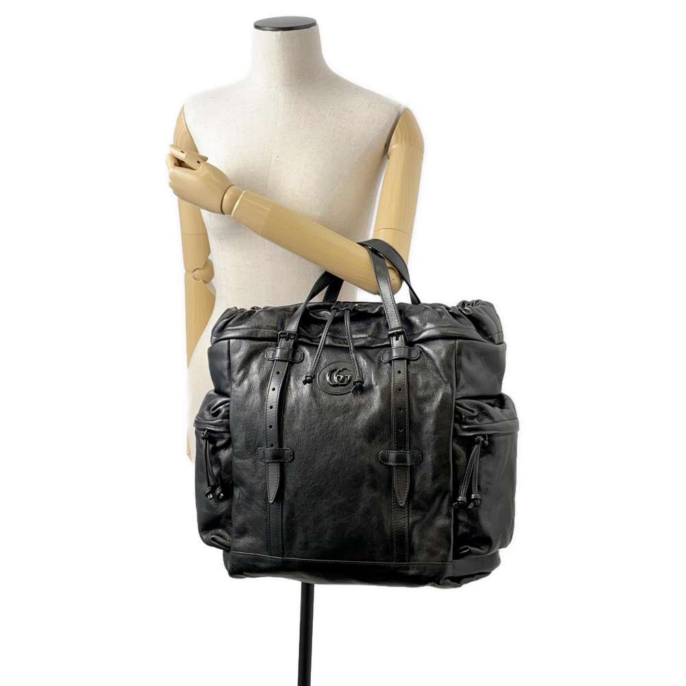 GUCCI Drawstring Tote Bag Black 725664 Leather
