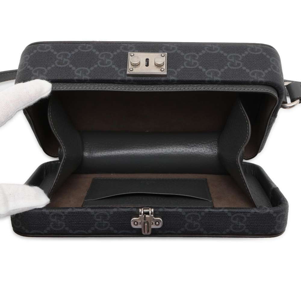 GUCCI Cutout Interlocking G Shoulder Bag Black/Gray 725341 GG SupremeCanvas Leather