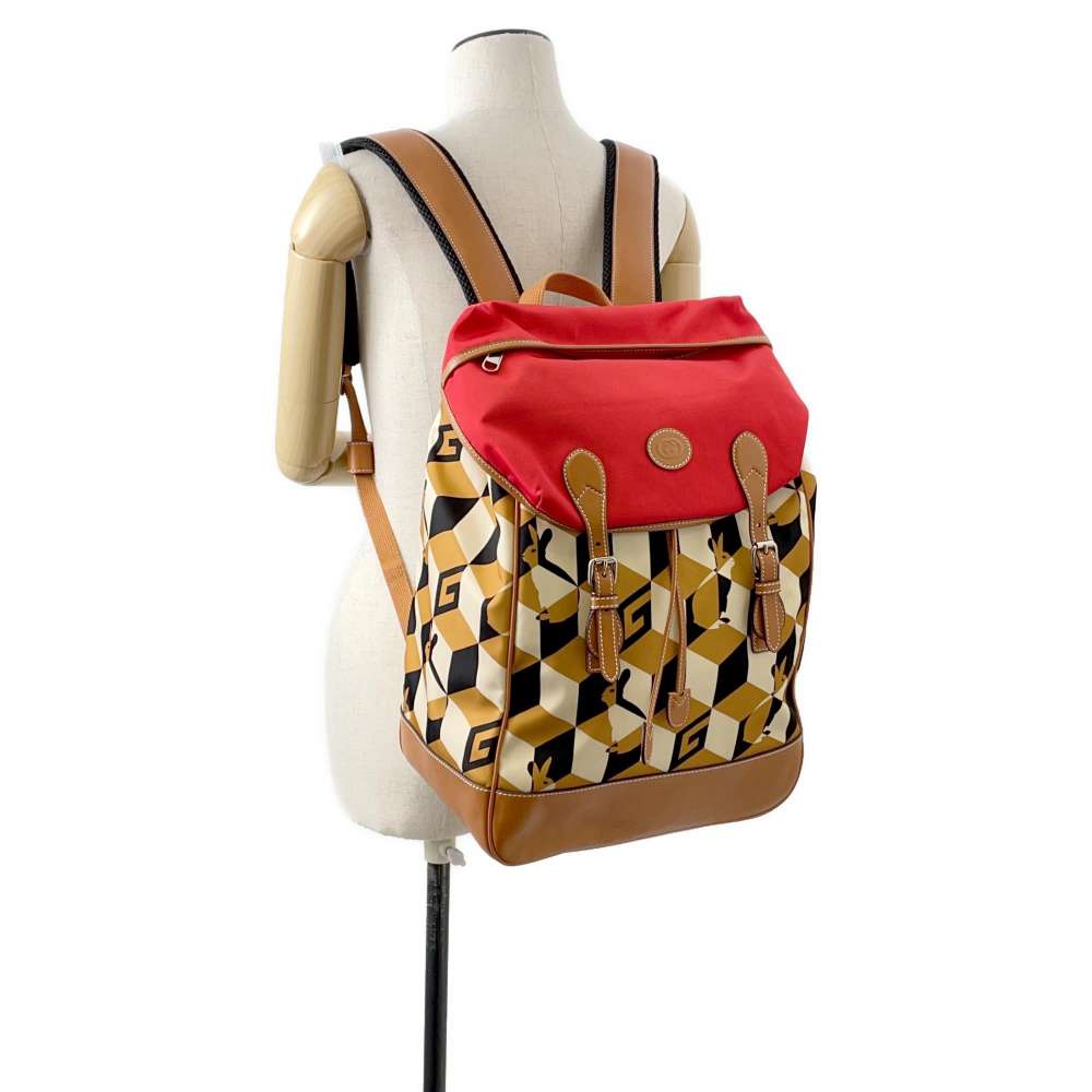 GUCCI Square G Rabbit Medium Backpack Red/Beige/Brown 696013 Leather Nylon
